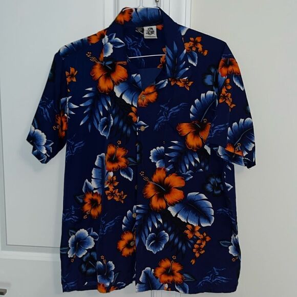 Kennington Hawaiian Aloha luau Blue flower power vintage retro Classic Shirt-L - Picture 1 of 4